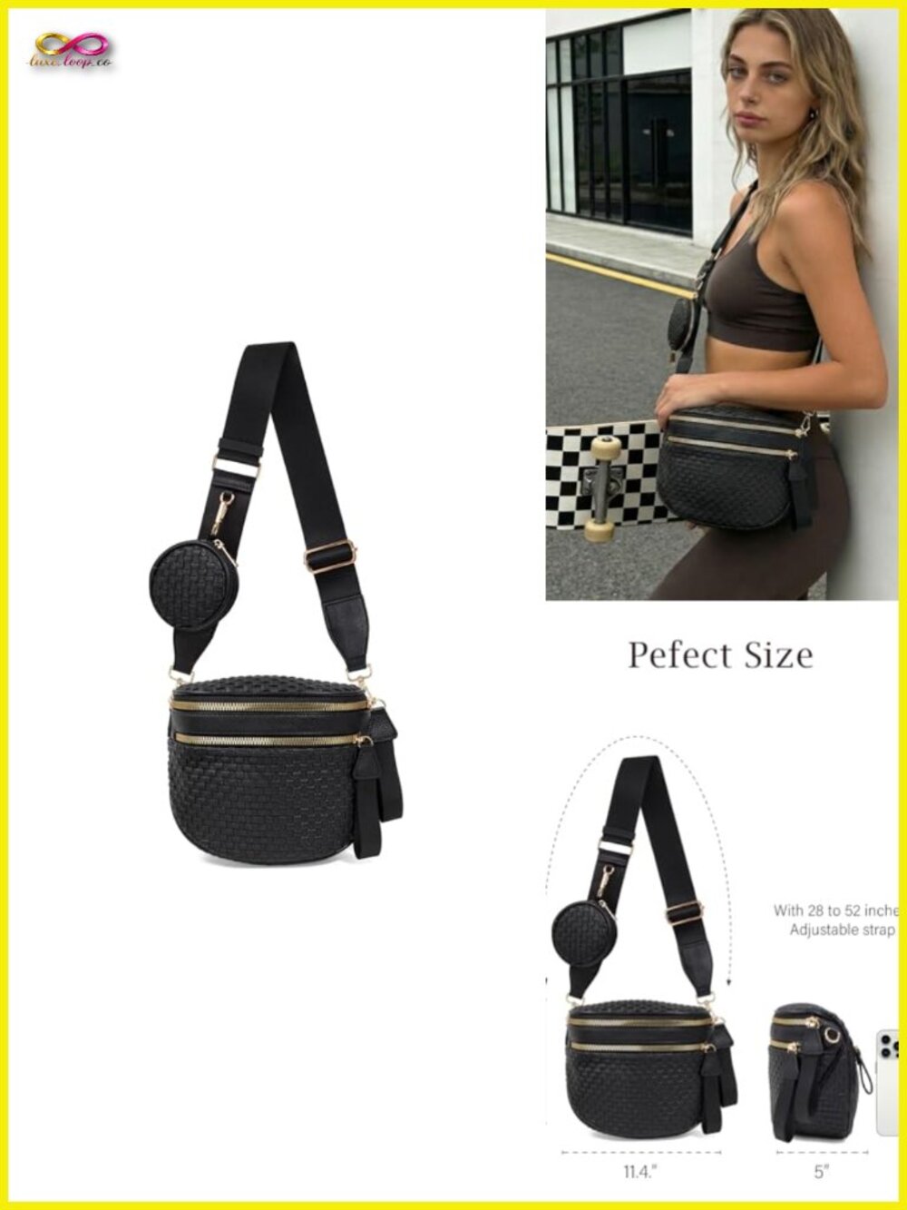 Large Woven Leather Crossbody Bag with Detachable Wallet Adjustable Strap